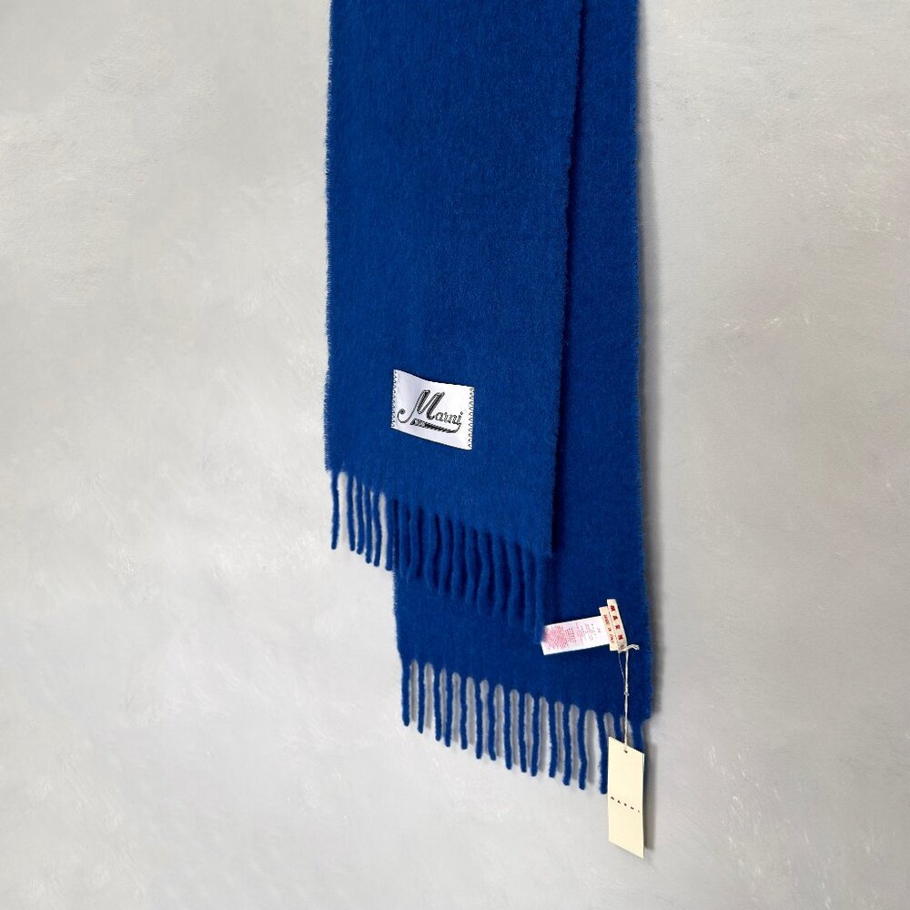 Marni: Embroidered Logo Alpaca Felted Wool Classic Blue Scarf FW26 - Picture 3 of 10
